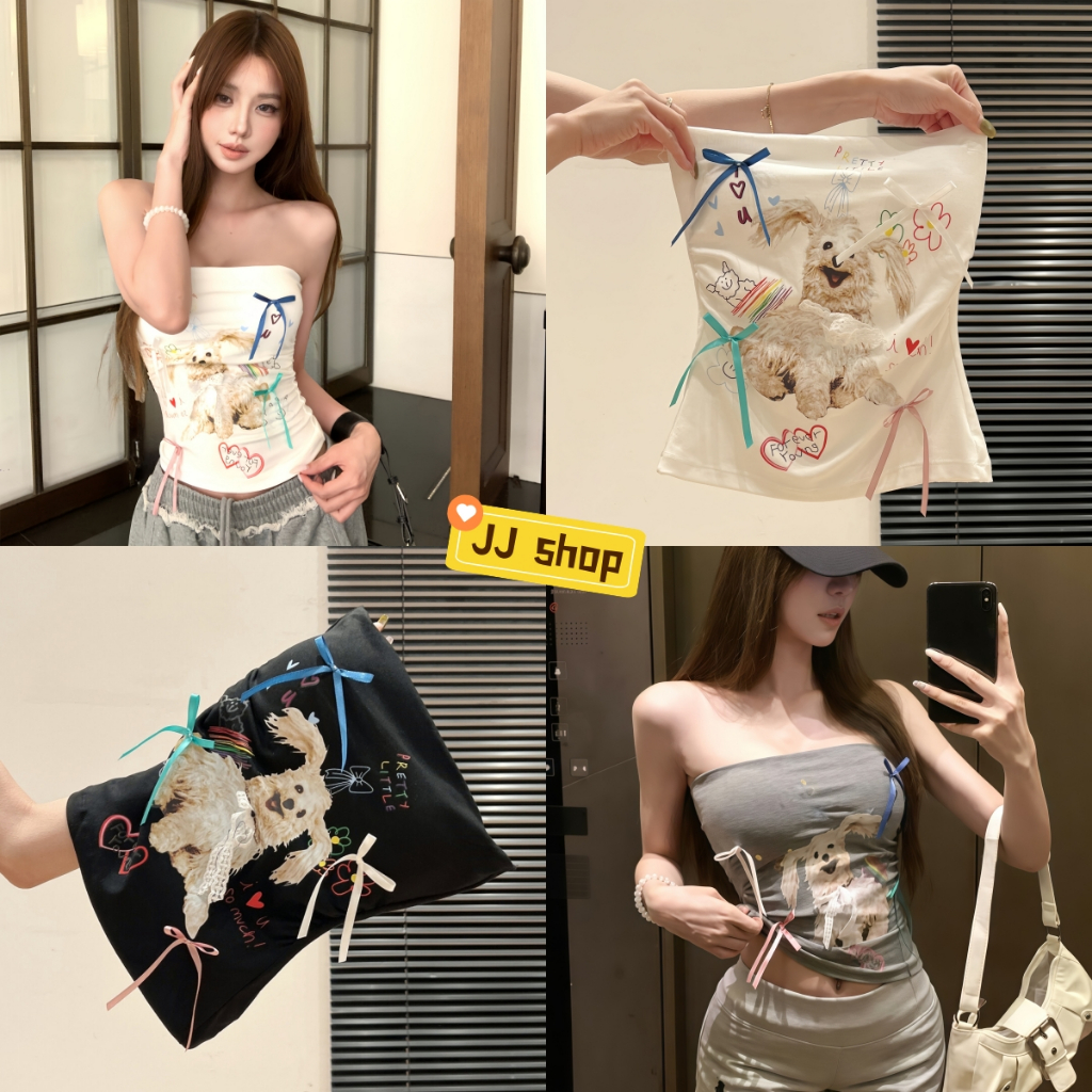 JJ Shop​💜พร้อมส่ง เสื้อเกาะ มีฟองน้ำในตัว ดีเทลลายน้องหมา น่ารักไม่ไหว สีพื้นใส่สบาย "FY5546"