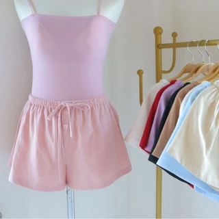 Linen Lowy กางเกงขาสั้นเอวต่ำผ้าคัตตอลนินิน เนื้อนุ่ม ใส่ไปทะเลน่ารัก มินิมอล ฟรีไซส์เอว24-นิ้ว