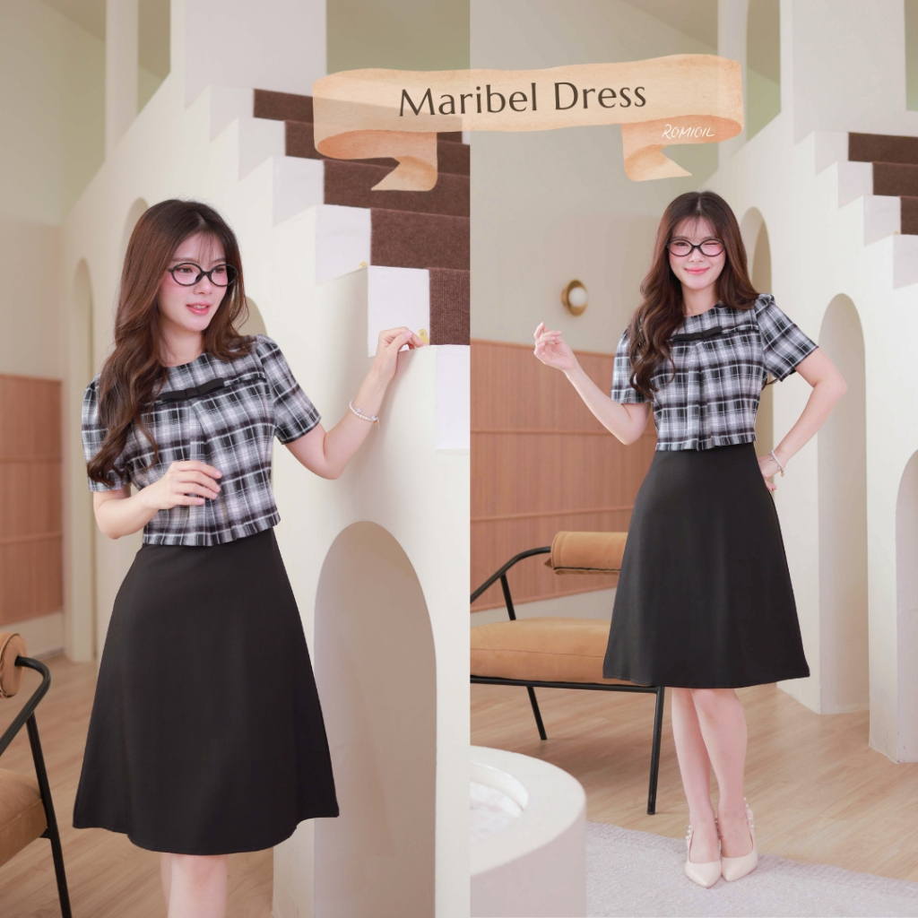 "Romi"Oil" Maribel Dress (Black) K289 ชุดเดรสสีดำ (สีดำลายสก็อตแต่งโบว์ดำ)