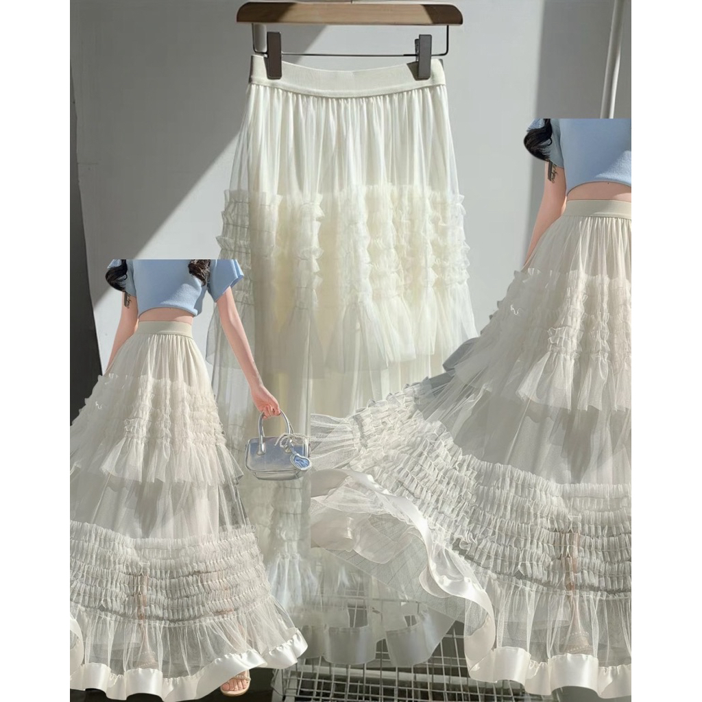 Chiffon x lace skirt (490฿) Mo.studio กระโปรงยาวพริ้ว ผ้ามุ้งติดระบาย สวยหวานมาก งานเกรดนำเข้า ตัดเย็บเรียบร้อย