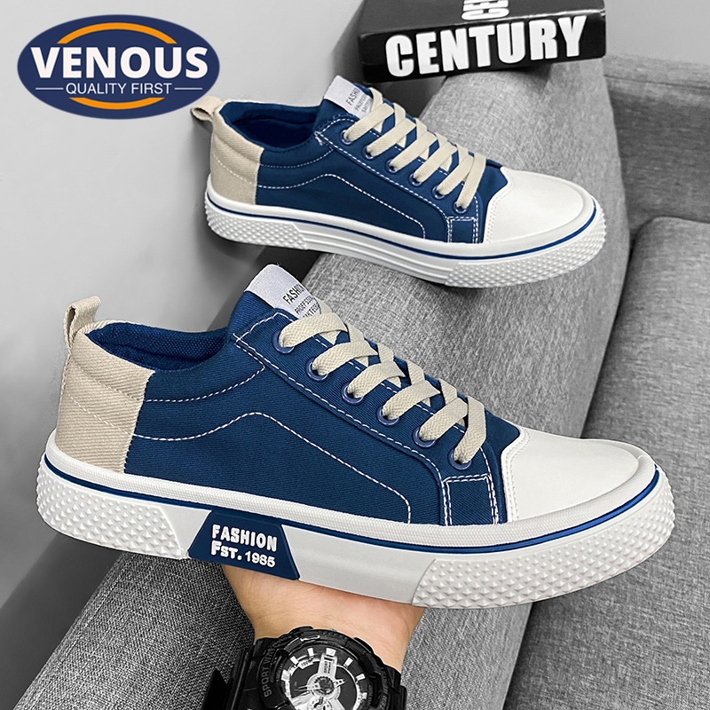 【Venous】2025 รองเท้าผ้าใบสำหรับผู้ชายแบบเกาหลีแท้ รองเท้าผ้าใบผู้ชายสีน้ำเงินแบบเรียบง่าย รองเท้าผ้าใบผู้ชายแบบสบาย