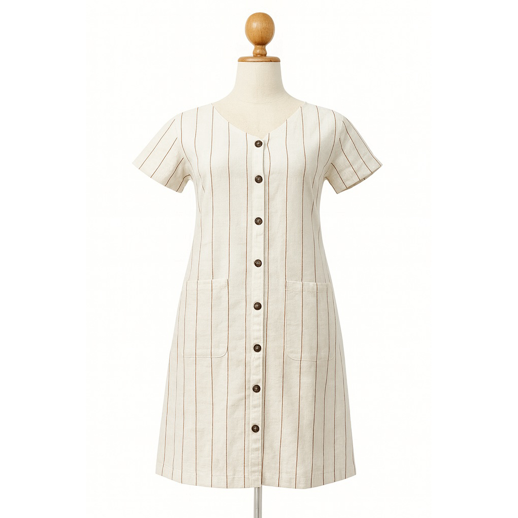 YY288-ALMOST FAMOUS เดรสสั้น ลายทาง สีครีมธรรมชาติ ใส่ได้สองด้าน มีกระเป๋า