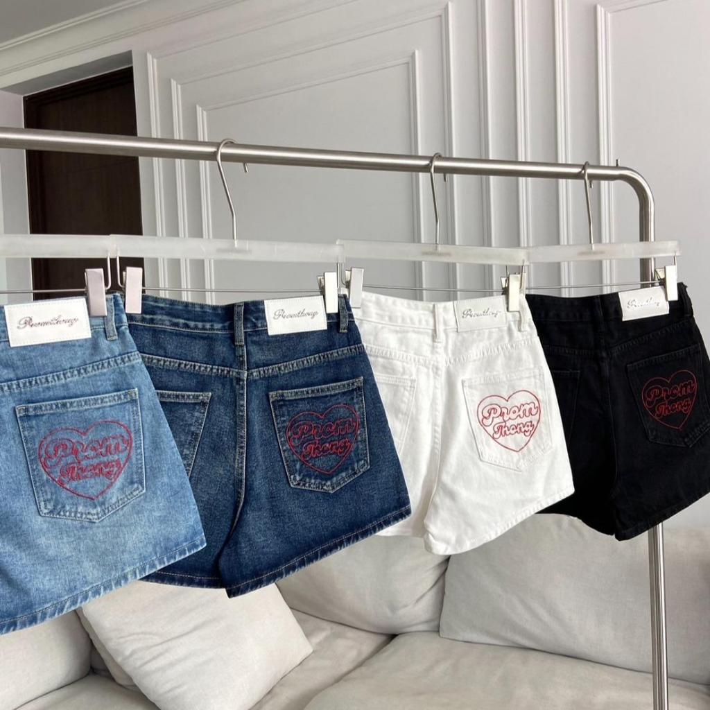 PTJ30287 กางเกงยีนส์ขาสั้นเอวสูงทรง Hot pants ปักหัวใจ PROMTHONG ราคา ถูกที่สุด ดีลบีเคเค แกลเลอรีภาพที่ 3