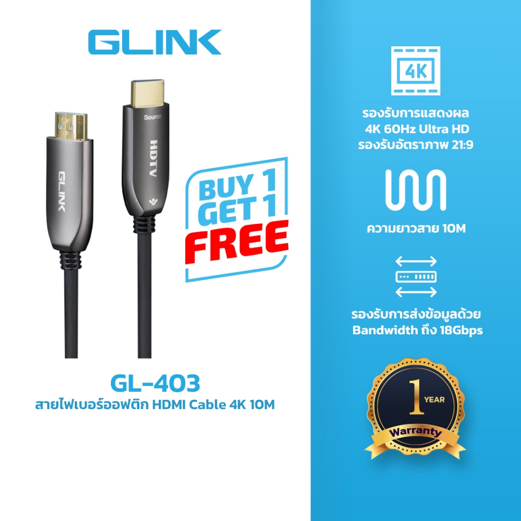 1แถม1 สายไฟเบอร์ออฟติก HDMI Cable 4K 10M GL403-10