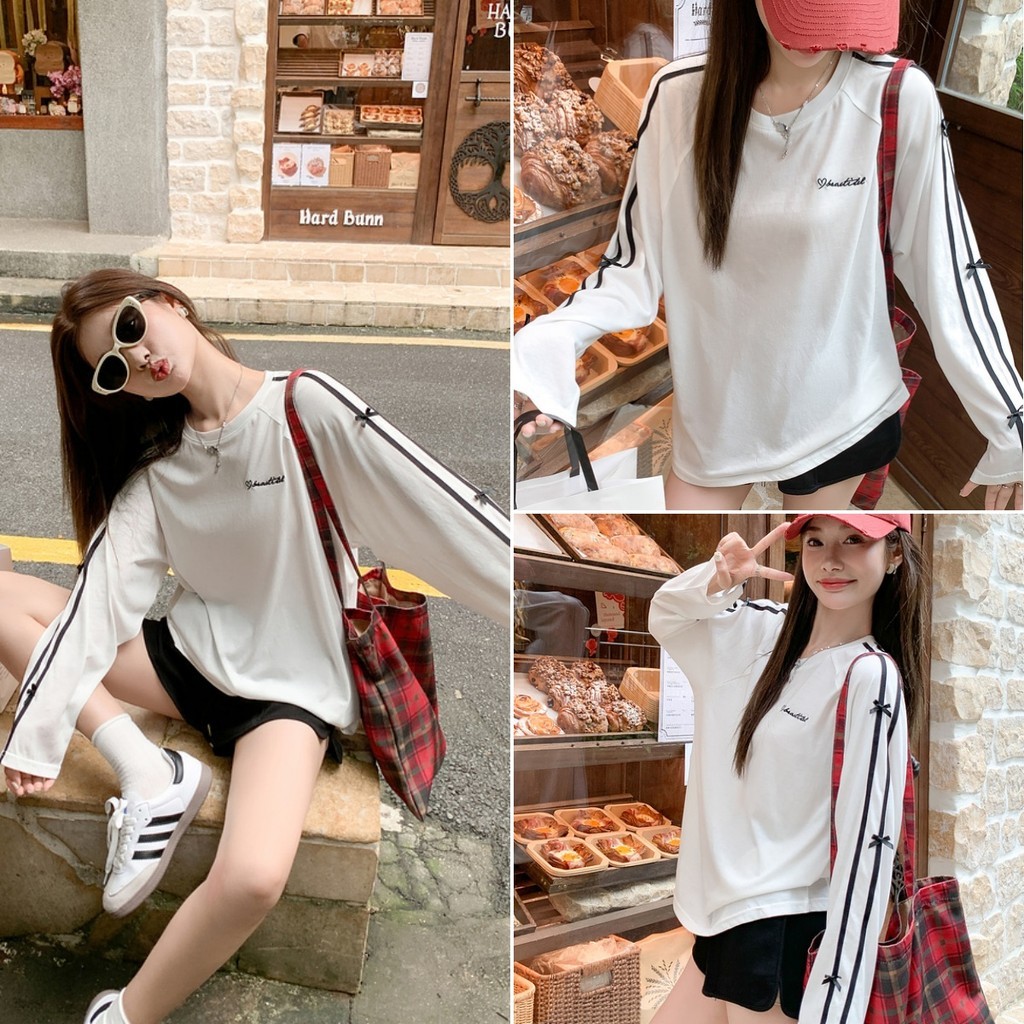 Hotgirl พร้อมส่ง เสื้อยืดแขนยาวผู้หญิง เสื้อยืดขาว oversize แฟชั่นสบายๆ แต่งโบว์ ลําลอง สไตล์เกาหลี