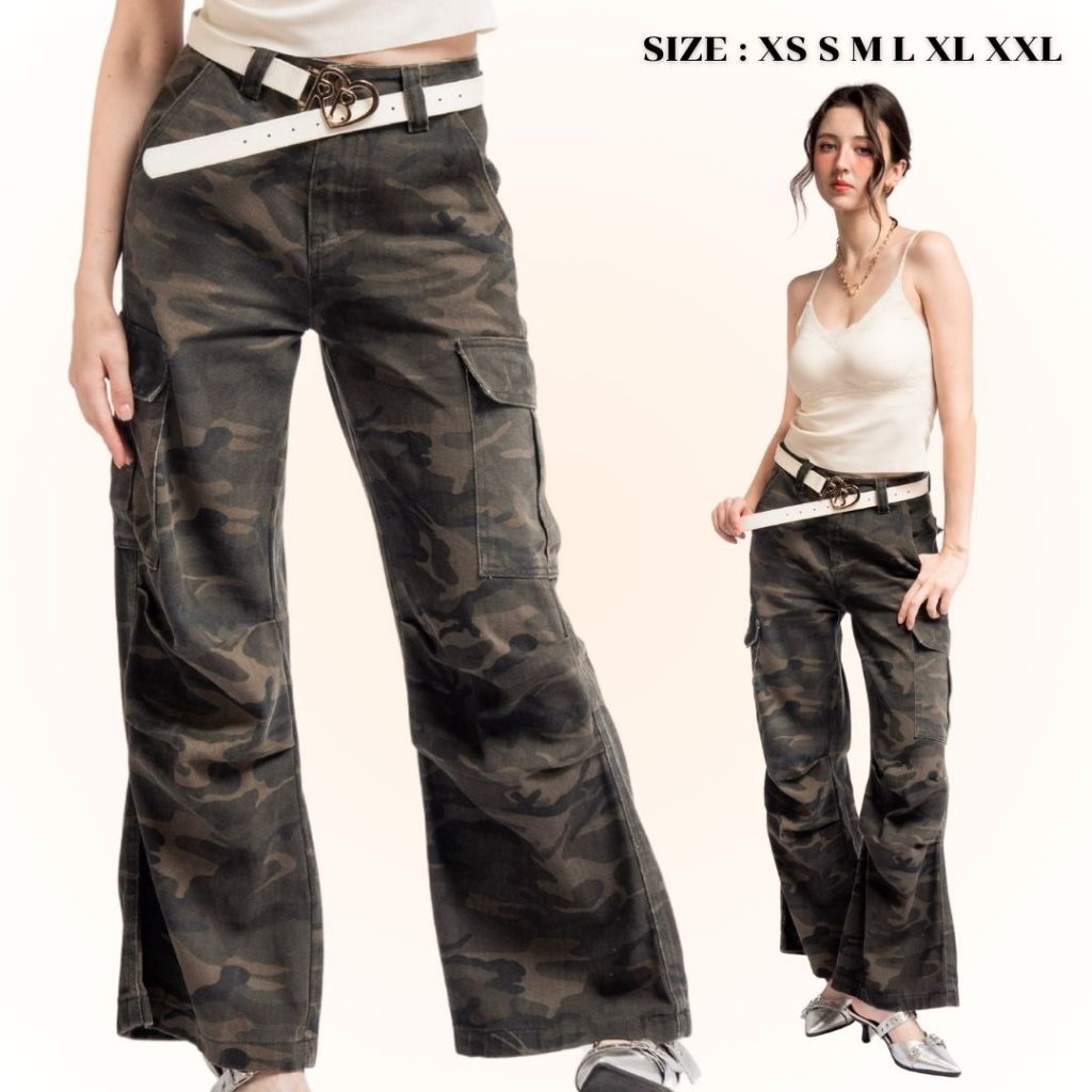 loveruby.store - Army Cargo Pants กางเกงลายทหาร สไตล์สตรีท ดีไซน์ขากว้างทรงสวย มาพร้อมกระเป๋าข้างแบบคาร์โก้ เนื้อผ้าหนา
