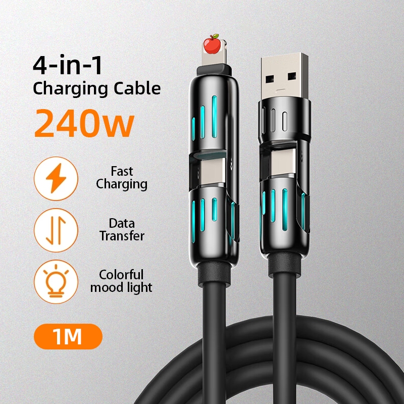 สายชาร์จเร็ว 4in1 Fast Charge 240w สายชาร์จมือถือ  แสงไฟ RGB สายชาร์จTYPE C USB
