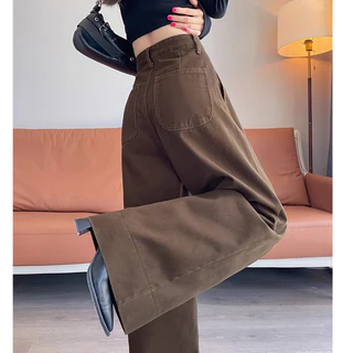S~5XL กางเกงยีนส์ขายาวสีน้ำตาลขนาดใหญ่ กางเกงยีนส์ขายาวตรงเอวสูงแบบวินเทจ กางเกงยีนส์ขายาวสีน้ำตาลหลวมสไตล์คาสวลHOT