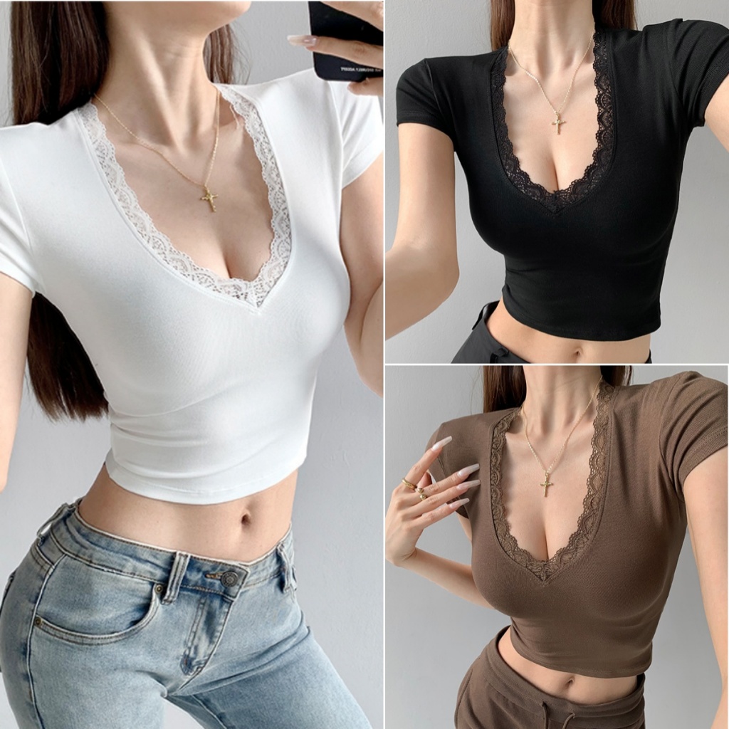 Bella Shop เสื้อยืดแขนสั้นคอวีลูกไม้ผู้หญิงฤดูร้อน