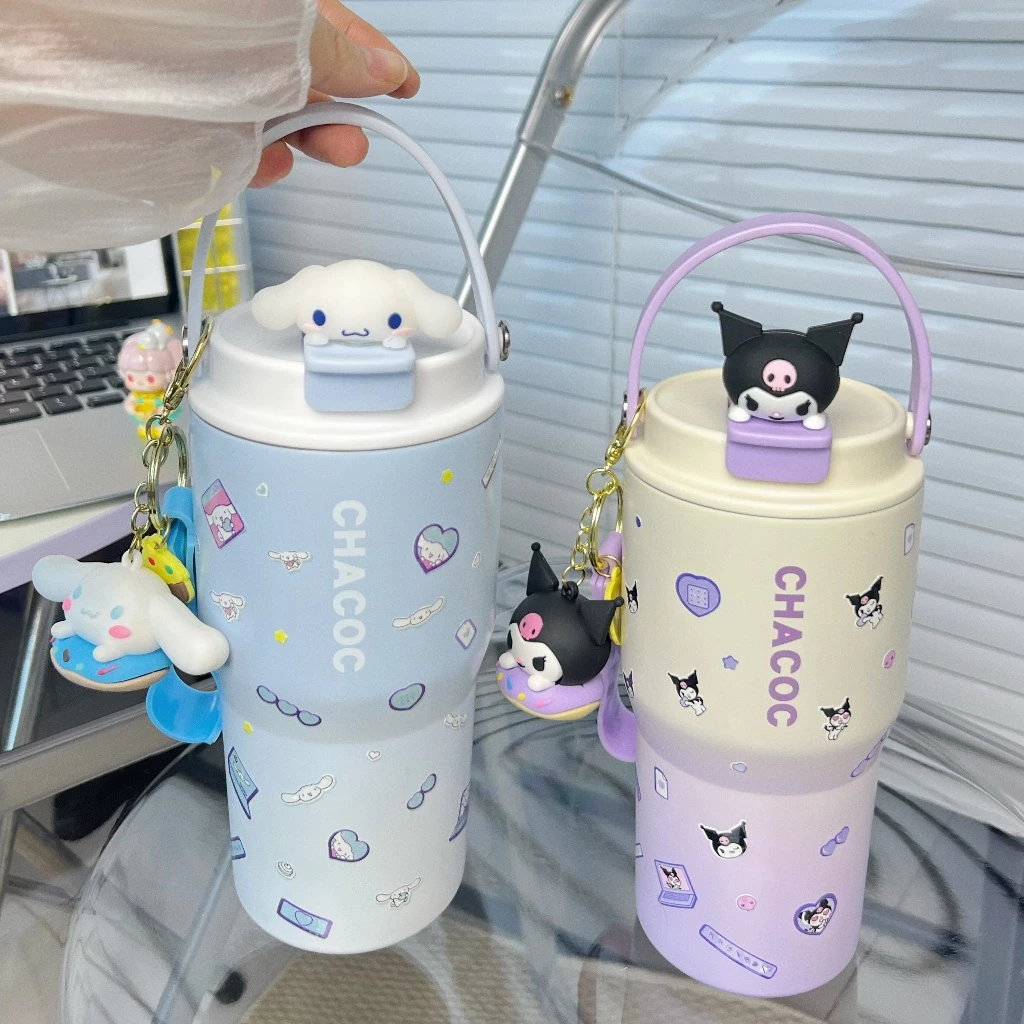 แก้วน้ำเก็บอุณหภูมิ Sanrio น่ารัก ขนาดใหญ่ 600ML/900ML แก้วน้ำเย็น-ร้อน DIY พร้อมหูหิ้ว