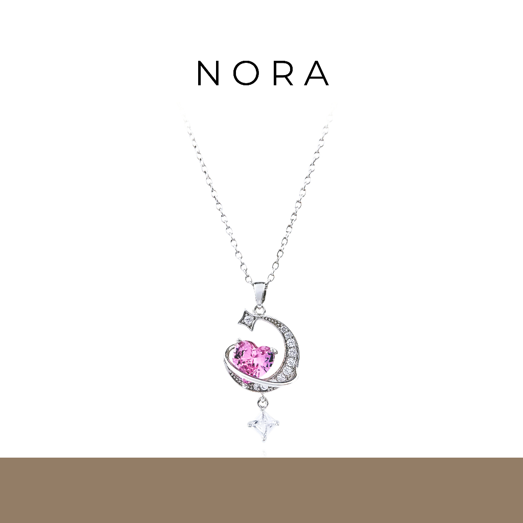 Jewelry สร้อยคอผู้หญิง สร้อยคอเงินทองคำขาว เซอร์โคเนียรูปหัวใจสีชมพู พระจันทร์และดวงดาว N250209