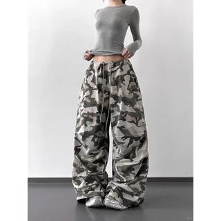 [Summer quick-drying fabric, dance camouflage pants]กางเกงขากว้างลายพรางเต้นรำแจ๊สเอวสูงสำหรับผู้หญิง