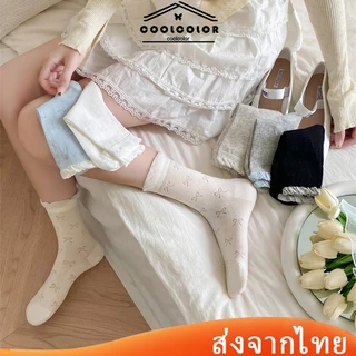 ในไทย💖ถุงเท้าผู้หญิงผู้หญิงประดับโบว์วัสดุผ้าฝ้ายInsสไตล์เกาหลีหวานน่ารักระบายอากาศแบบบางคุณภาพสูงฤดูร้อน