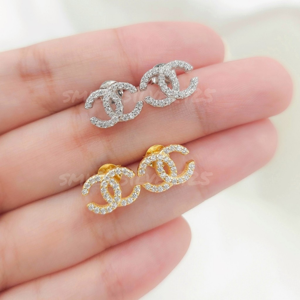 ต่างหูเงินแท้ 92.5% ชุบทองคำ18k/ชุบทองคำขาวลาย cc ฝังเพชร ขนาด 8x12mm.