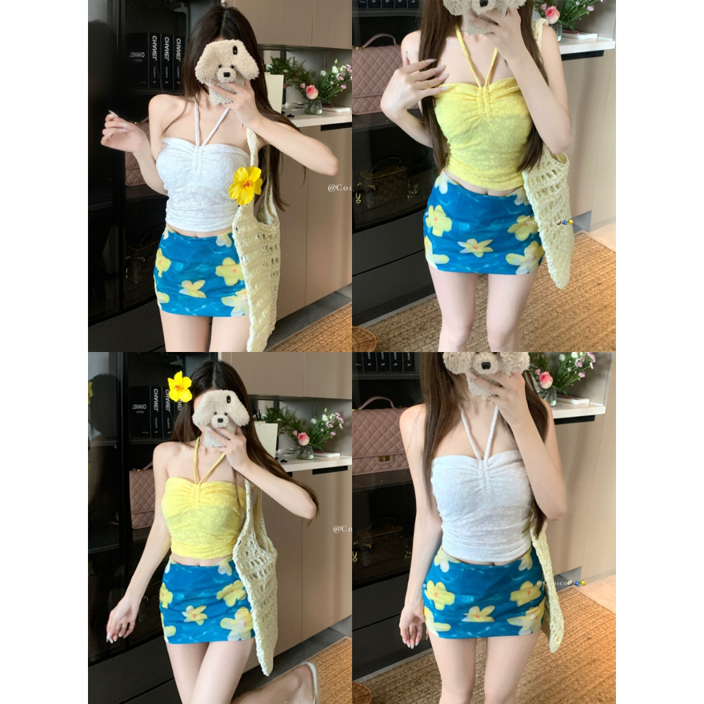 เกาะอก  เสื้อยืดผู้หญิง ใส่ได้หลายเเบบ เชือกผูกโบว์หน้า ลายลูกไม้ หวานน่ารัก #22394