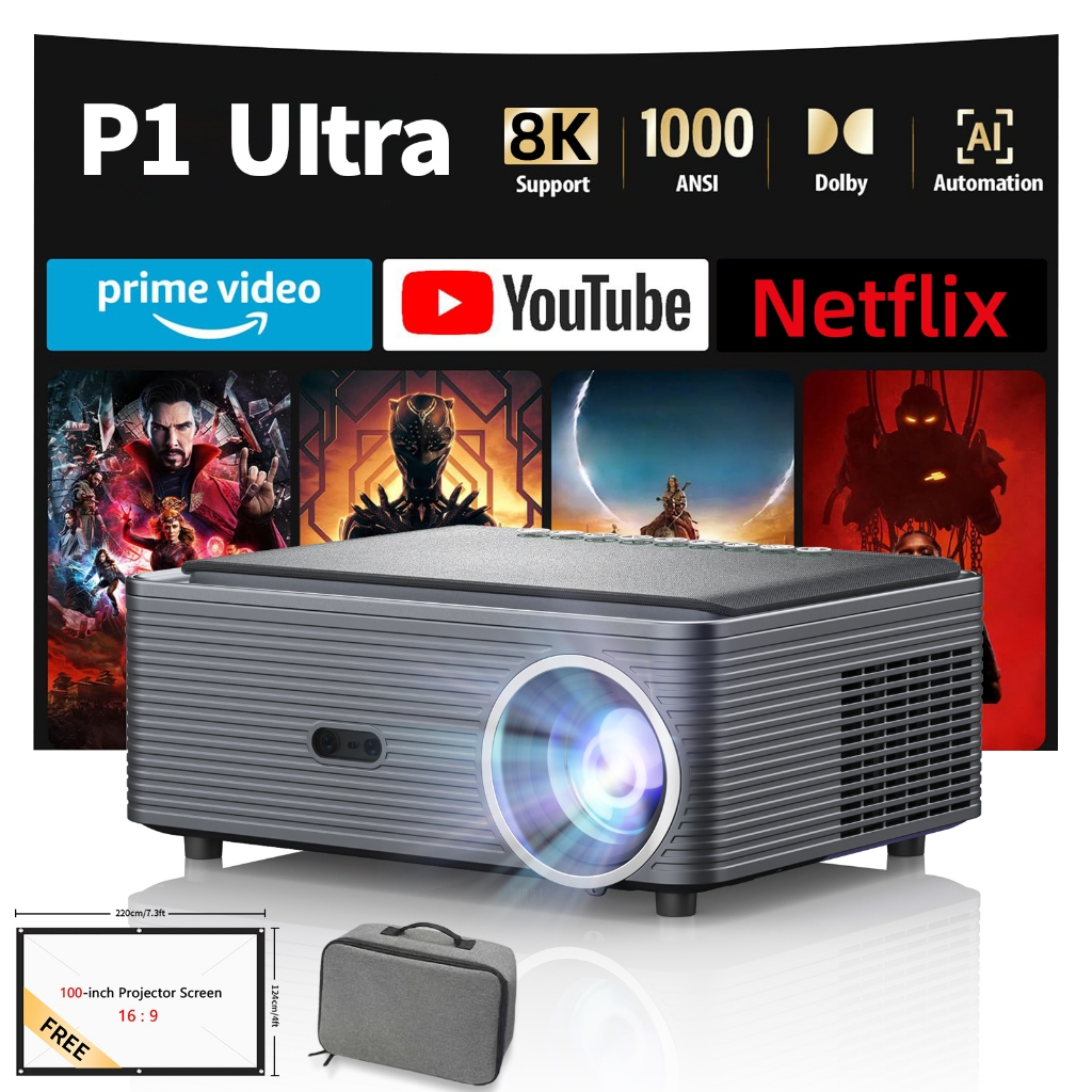 ฟรีม่านโปรเจคเตอร์และกระเป๋าถือ 8K Projector โปรเจคเตอร์ พกพา FINTEXPro P1 Ultra1000 ANSI Auto-Focus