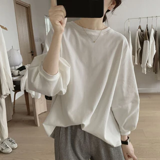 cherryshop พร้อมส่ง เสื้อยืดแขนยาวผู้หญิงสไตล์เกาหลีเรียบง่ายใหม่ สีพื้น คอกลม ทรงหลวม แขนพอง หวานและน่ารัก