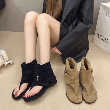 SHO-K46☘️รองเท้าแฟชั่น สไตล์เกาหลี  แบบเปิดหน้าเท้า รองเท้าแตะส้นแบน สำหรับผู้หญิง รองเท้าบูท เสริมส้น ใส่สบาย☘️