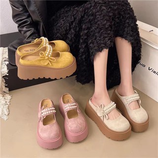 (พร้อมส่ง) รองเท้าผู้หญิง เสริมส้น ประดับไข่ งานกำมะหยี่ รอง…