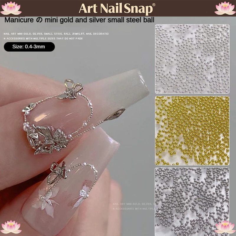 Gold and silver small steel beads nail art  Multi-size round beads nail jewelry diamonds  Metal round jewelry ออกแบบเล็บ