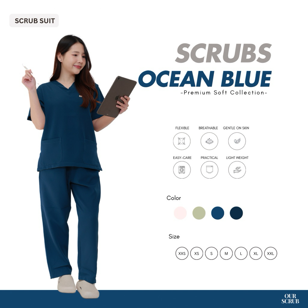 Ourscrub.th| Medical Scrub ชุดสครับ ชุดผ่าตัด ชุดสครับทางการแพทย์ Unisex สีOcean Blue ปักชื่อฟรี Premium Soft Collection