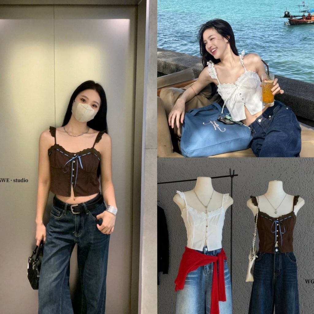 (พร้อมส่ง) เสื้อสายเดี่ยวแต่งลูกไม้รุ่น 6848 TAG WG.WE 🇰🇷