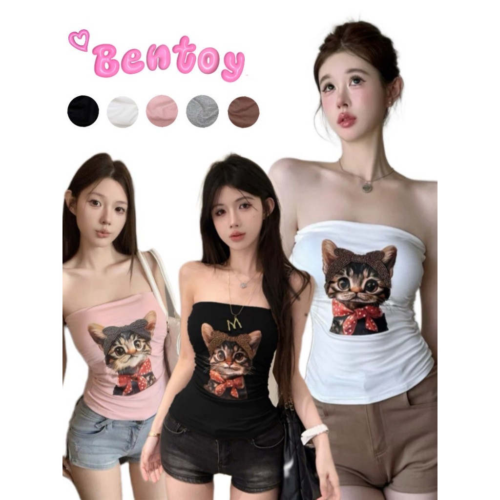 Bentoy พร้อมส่ง ( bratop942)เสื้อเกาะอกลายแมวมีฟองน้ำในตัว ดีเทลติดเพชรบนหัวแมวน่ารัก