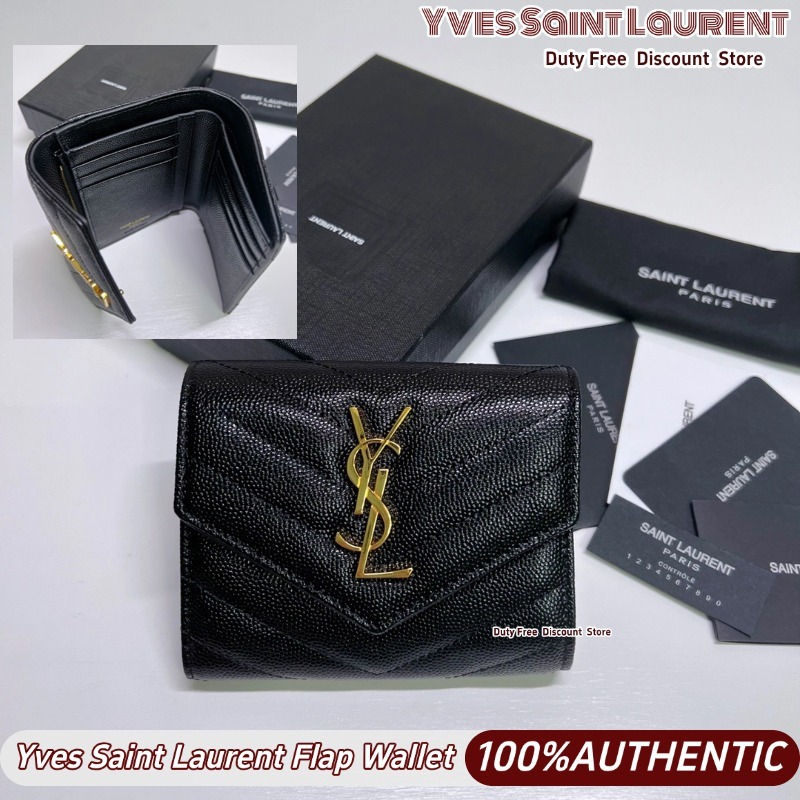 🔥Saint Laurent CASSANDRE Mnogram Short Trifold Wallet✨ กระเป๋าสตางค์ผู้หญิง กระเป๋าสตางค์ YSL