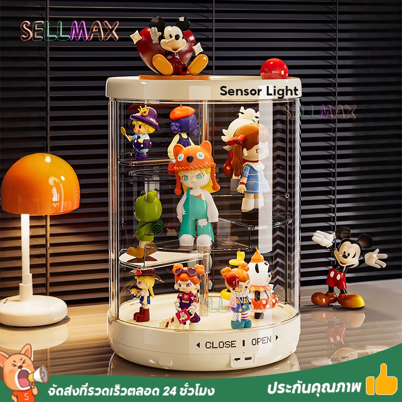 กล่องเก็บของใสหมุนได้ ขาตั้ง LABUBU กล่องไฟส่องสว่าง กันฝุ่น วางซ้อนกันได้