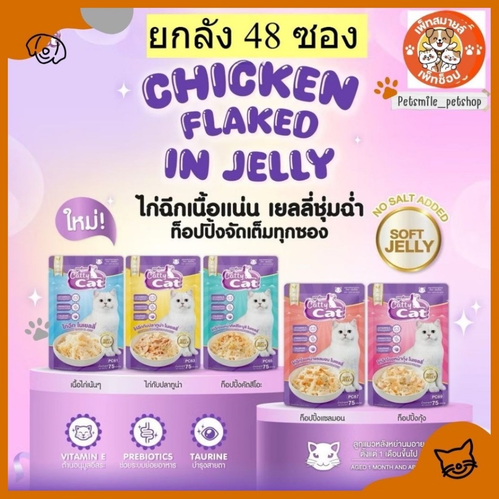 สินค้าใหม่ Catty Cat แคทตี้แคท อาหารแมวเปียก สูตรไม่เติมเกลือ ขนาด 75g [ยกลัง 48 ซอง]