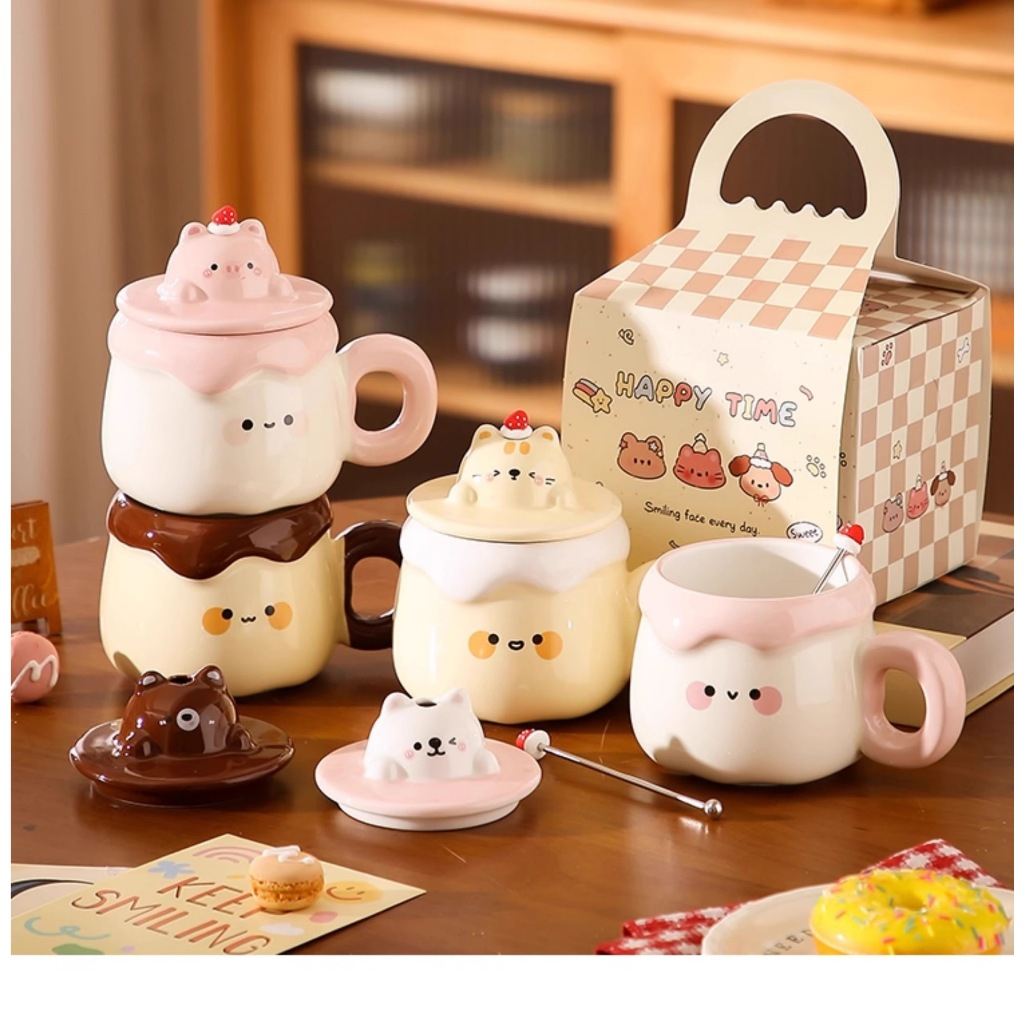 425ฟางคุณภาพสูงเครื่องหมายถ้วยน้ําเซรามิกฝาช้อนกล่องของขวัญน่ารักของขวัญวันเกิดสร้างสรรค์