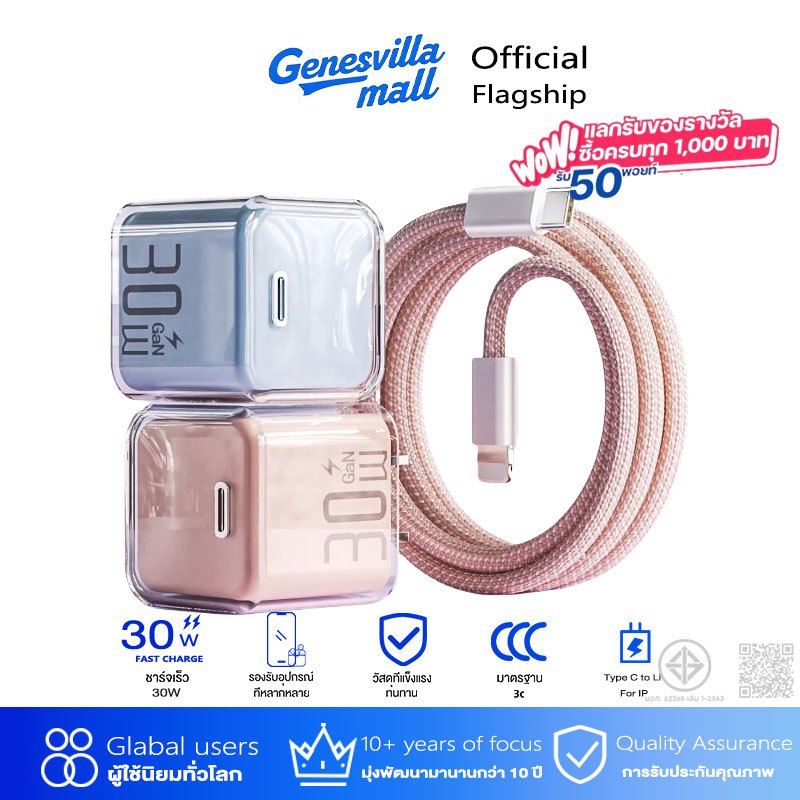 30W Charger GaN PPS ชุดหัวชาร์จและสายชาร์จ Type C to LI ชาร์จเร็ว ชาร์จเร็ 【รองร