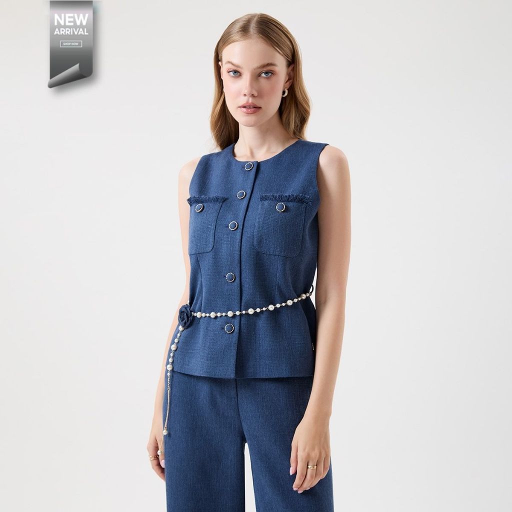 ESPADA เสื้อเบลาส์แขนกุด ผ้าทวีต ผู้หญิง สีกรมท่า | Tweed Sleeveless Blouse | 04874