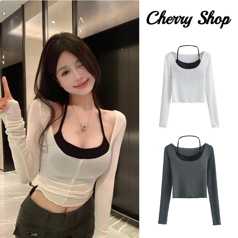 cherryshop พร้อมส่ง เสื้อยืดแขนยาวทูพีซผู้หญิงรุ่นเกาหลีที่เรียบง่าย สีพื้น สไตล์สลิมสั้น หวานและเซ็กซี่ ใส่สบาย