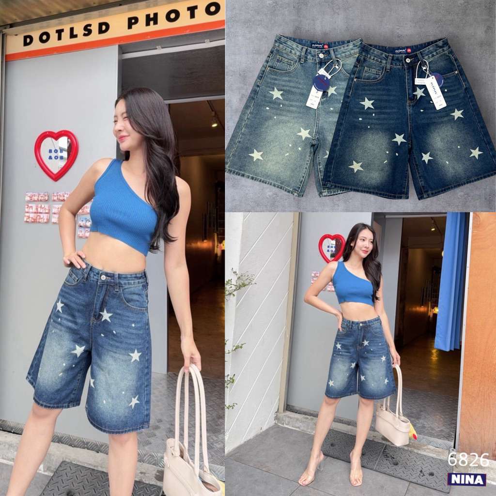 👖NN-ST🌟#6826 กางเกงขาสามส่วนผ้าไม่ยืด เอวสูง งาน พ่นลายดาว ปลายขาเย็บเก็บ งานเอวสูง งานผ้าฟอก