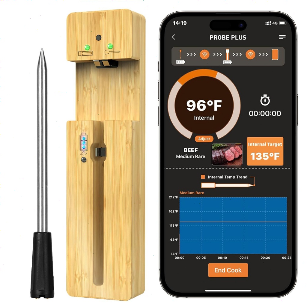 600FT Wireless Meat Thermometer, Smart Bluetooth Meat Probe, Digital Meat Thermometer for Oven, BBQ