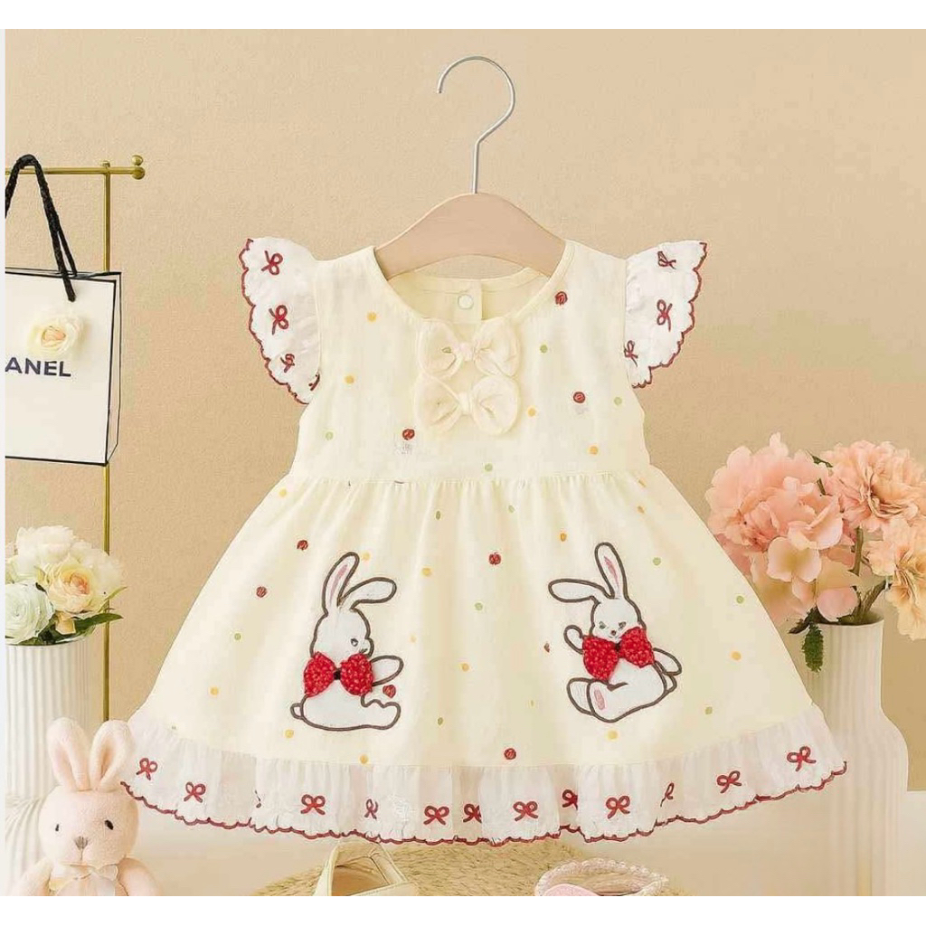 🧸พร้อมส่ง 🧸 ชุดเดรสเด็กหญิงโทนขาวครีม กระต่ายคู่