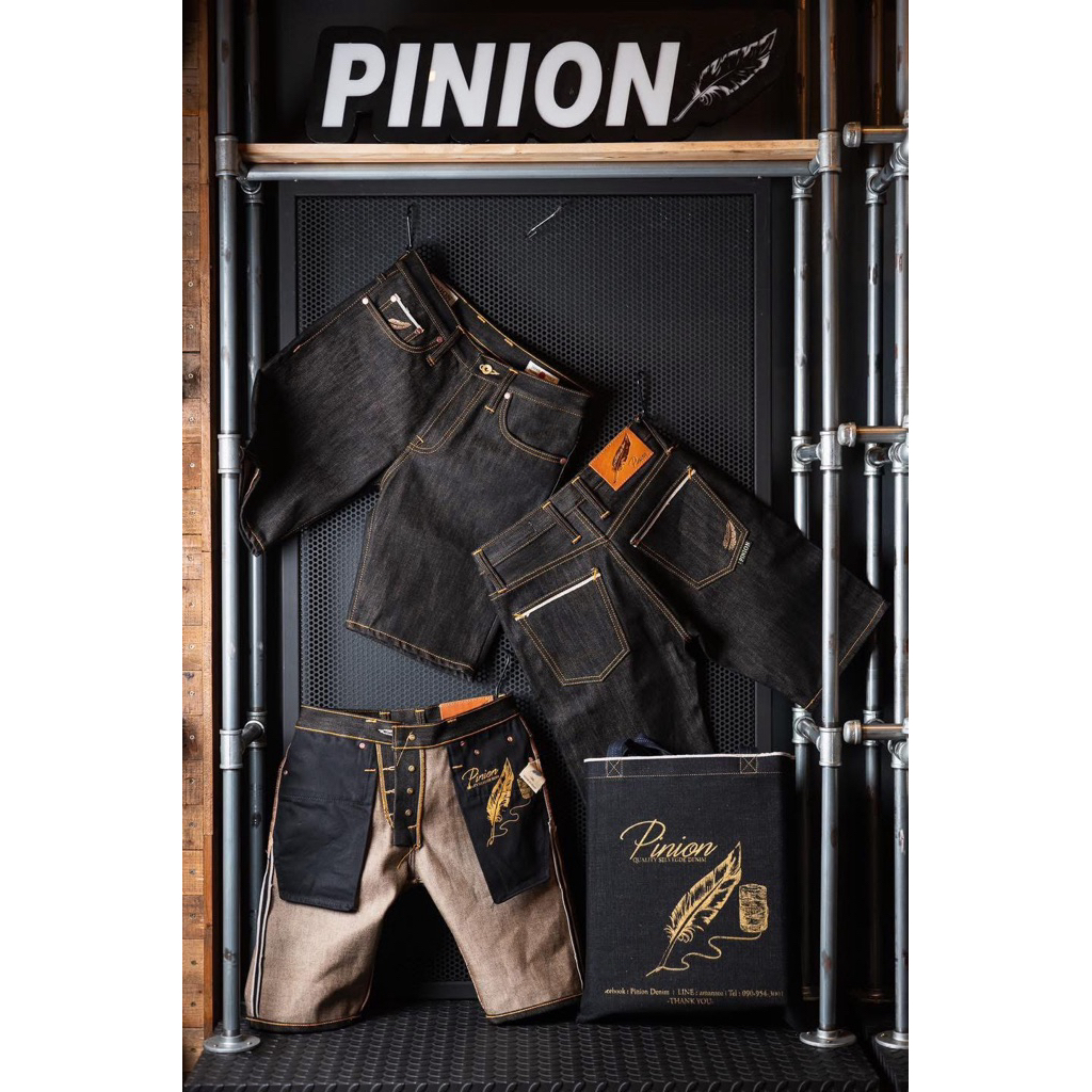 กางเกงยีนส์ พีเนียนเดนิม Piniondenim 18oz short pant ขาสั้น หลังผ้าน้ำตาล Brown ริมแดง Japan SELVEDGE