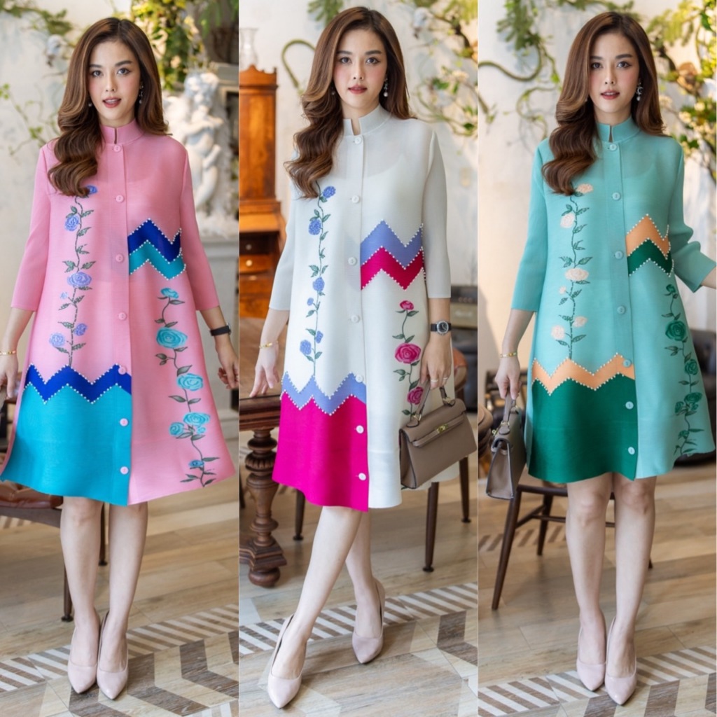 Cutie minute PD0825 เดรสผ้าอัดพลีท Premium ดีเทลสวยๆพิมพ์ลายประดับด้วยเพชรสุดหรูและมุก