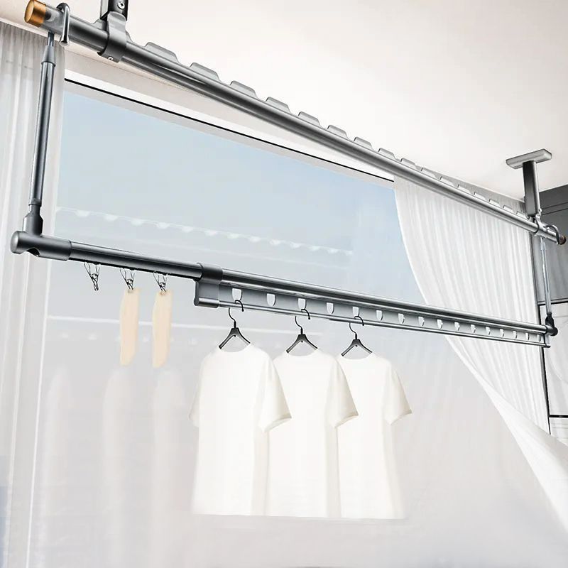 ไม่ต้องติดตั้ง อลูมิเนียมอัลลอย ราวตากผ้าแบบแขวน ราวตากผ้าพับได้ ราวตากผ้ายืดหดได้ ปรับระดับ บนล่างซ้ายขวา