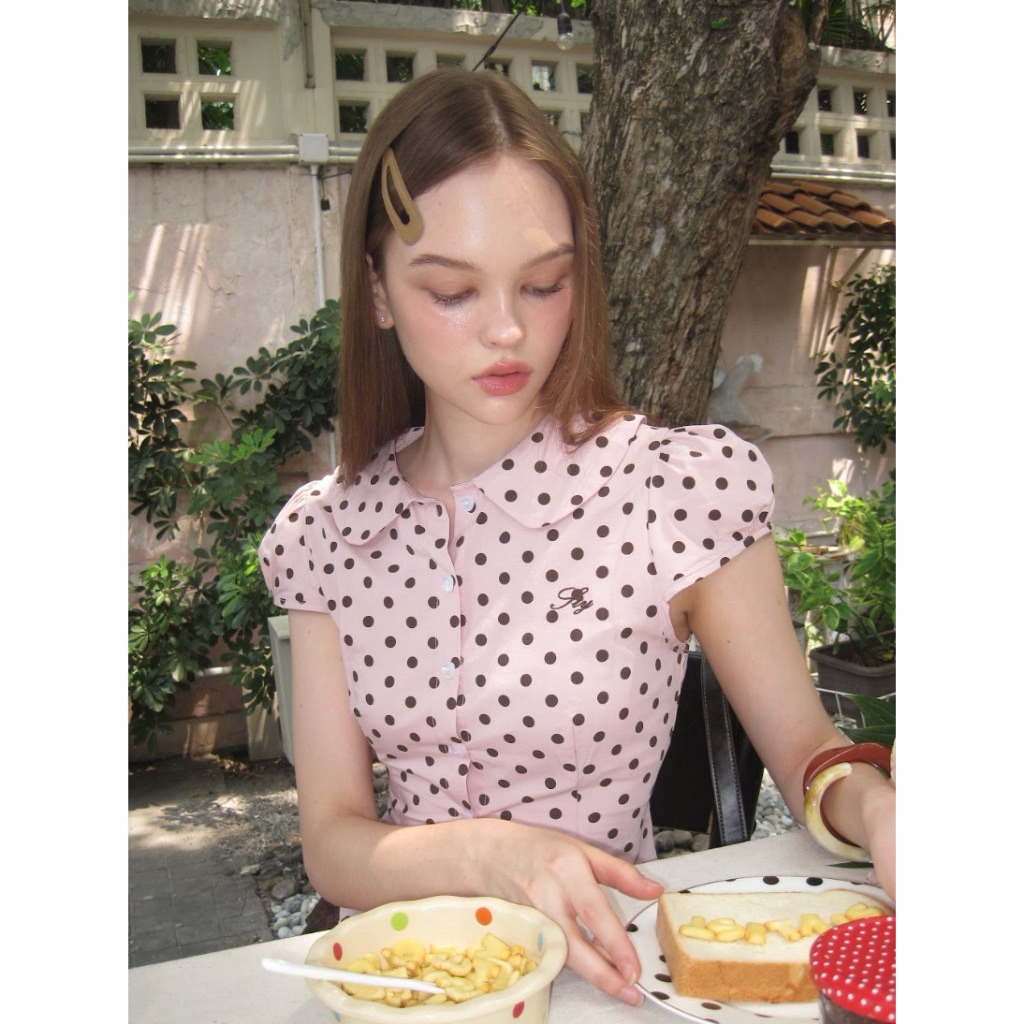 Stylelist_shop เสื้อแขนตุ๊กตาลายจุด สีชมพูน้ำตาล