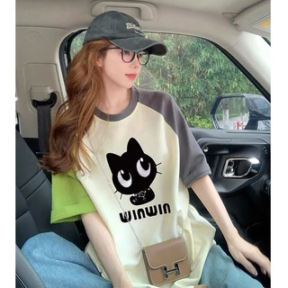 เสื้อยืดสวยๆผู้หญิงลายการ์ตูนน่ารักๆ oversize เสื้อผ้าสาวอวบไซซ์ใหญ่ แฟชั่น เสื้อโอเวอร์ไซส์เกาหลี ไหล่สโลป ทูโทน มาใหม่