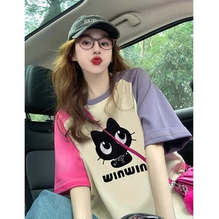 เสื้อยืดสวยๆผู้หญิงลายการ์ตูนน่ารักๆ oversize เสื้อผ้าสาวอวบไซซ์ใหญ่ แฟชั่น เสื้อโอเวอร์ไซส์เกาหลี ไหล่สโลป ทูโทน มาใหม่