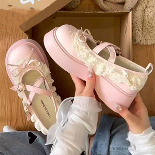 SHO-LOLI🎀 รองเท้าโลลิต้า สไตล์ญี่ปุ่น ส้นสูง มีสายคาดลูกไม้ แต่งโบว์ น่ารัก รองเท้าเสริมส้น โลฟเฟอร์ผู้หญิง 🎀