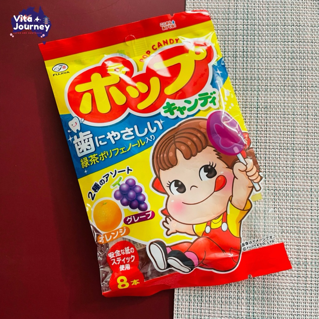 Fujiya Peko Pop Candy ลูกอมญี่ปุ่น 8 แท่ง รสองุ่นและส้ม สูตรอ่อนโยนต่อฟัน ผสมชาเขียวโพลีฟีนอล ขนมญี่