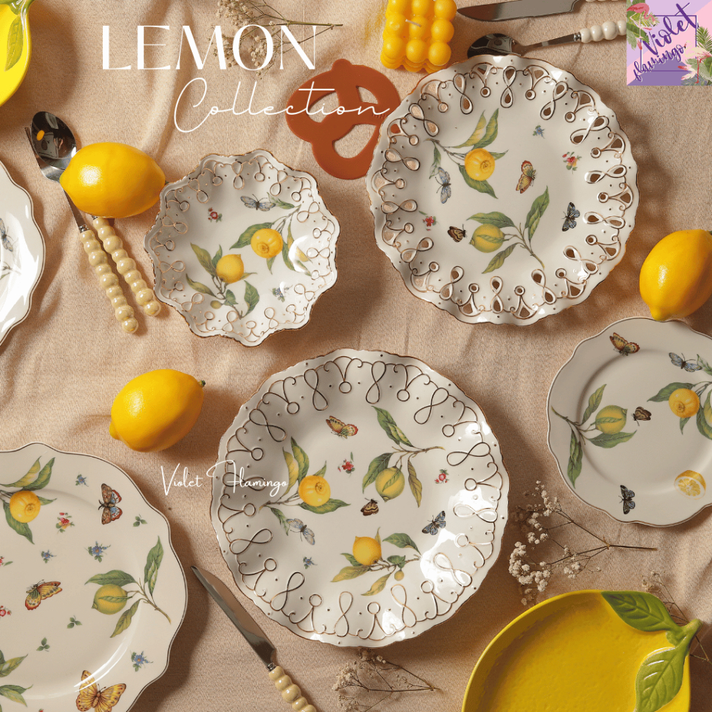 Violet Flamingo จานถ้วยเซรามิคลายเลมอนผีเสื้อ Lemon Butterfly Elegance Collection จานฉลุขอบ ขอบหยัก ขอบทองสุดหรู