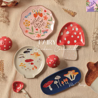 Violet Flamingo Fairy Garden Collection – จานเซรามิคลายเห็ด ผีเสื้อ และดอกไม้สไตล์คอทเทจคอร์ (Cottagecore)