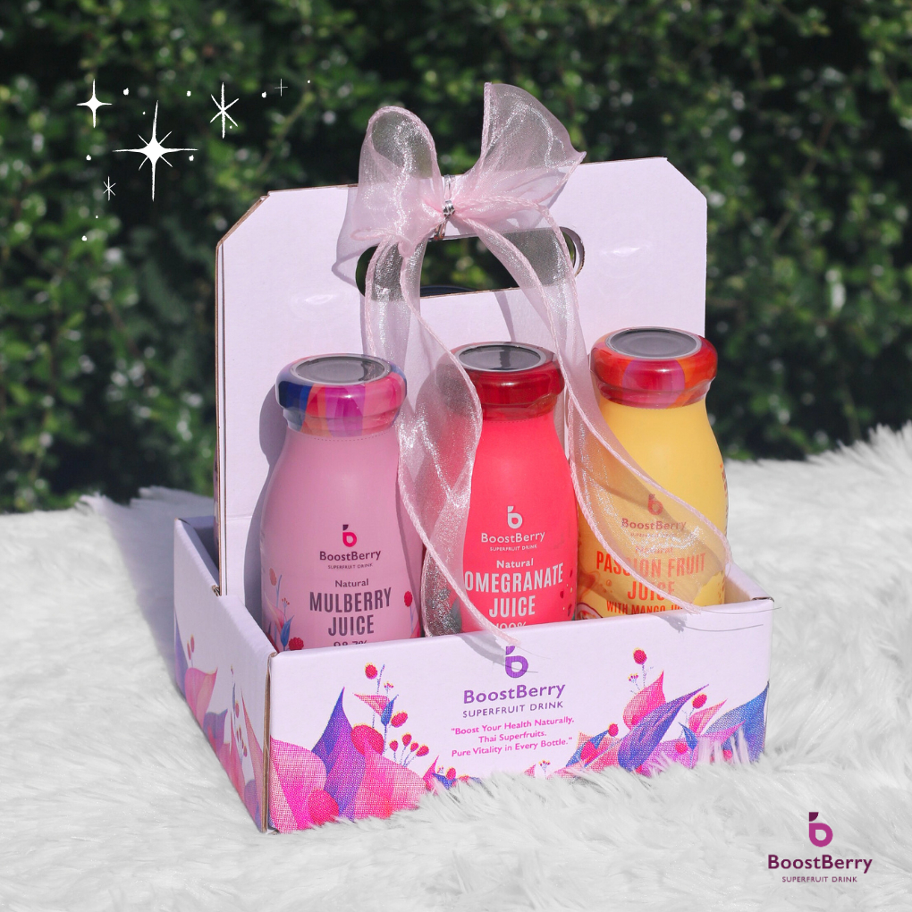 (6 ขวด) BoostBerry wellness gift box น้ำมัลเบอร์รี่ น้ำทับทิม และน้ำเสาวรส ตราบูสท์เบอร์รี่