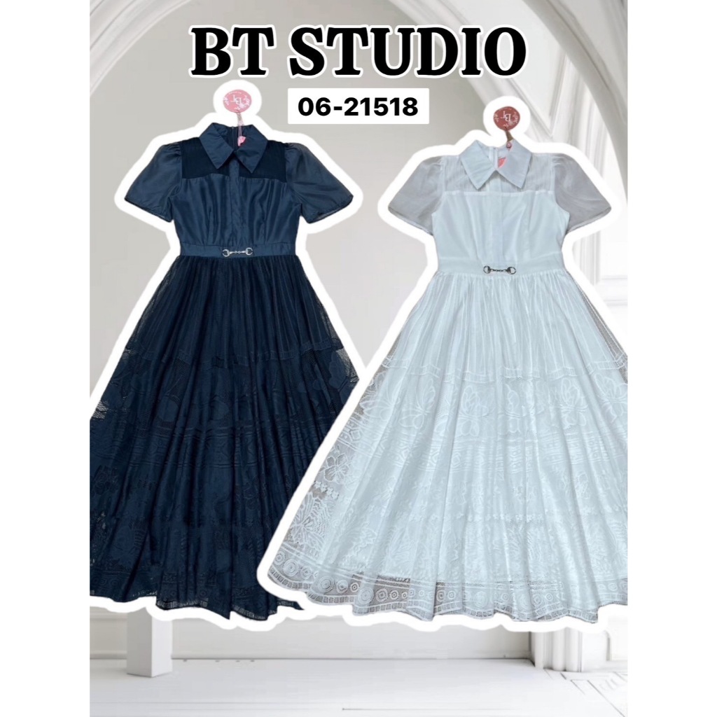 BT 06-21518 ชุดเดรสยาวคอปก แขนสั้น แต่งหลอกเข็มขัดช่วงเอว ตัวกระโปรงแต่งลูกไม้มีซับในสีเดียวกันกับชุด ใส่ออกงาน ทำงาน – โปรปัง
