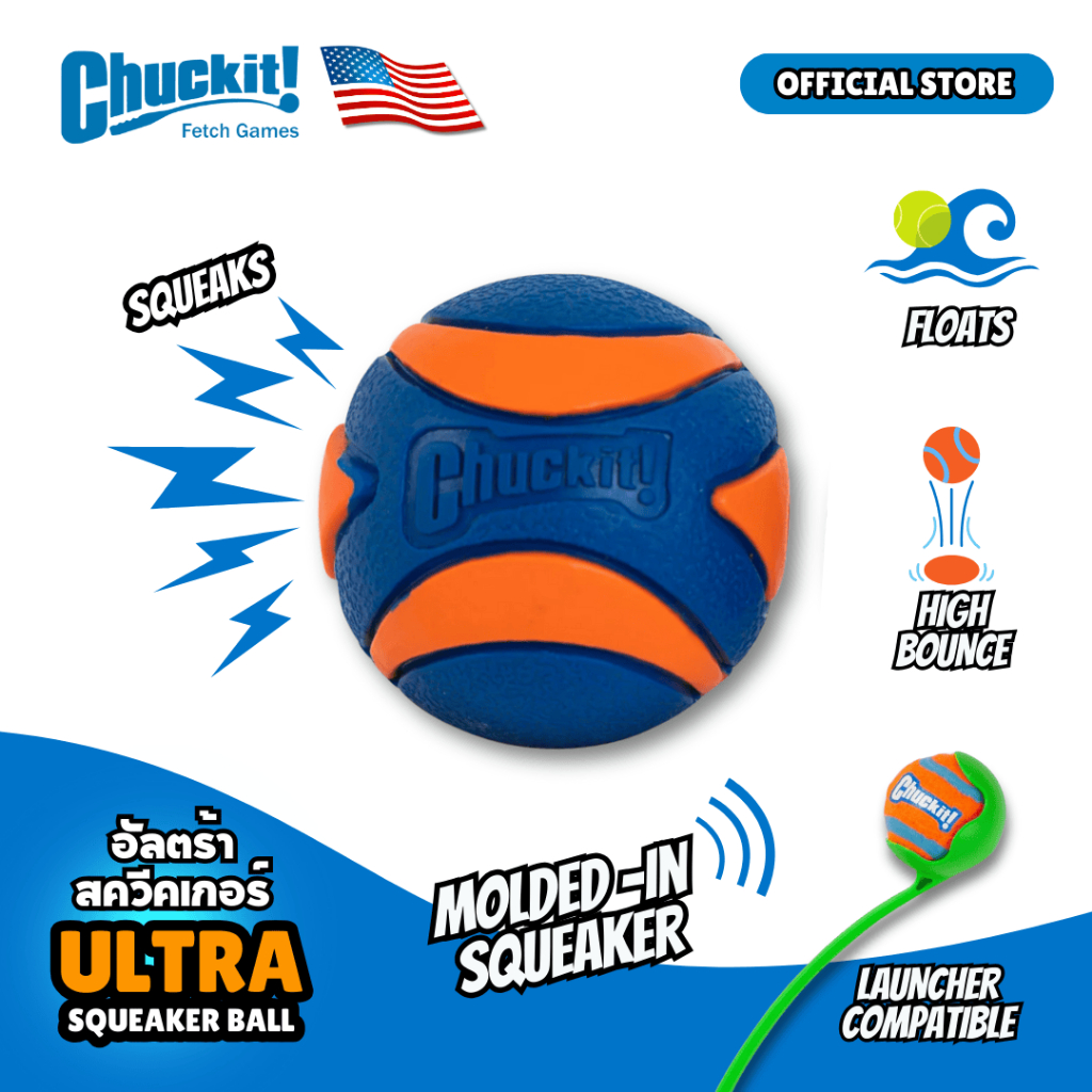 Chuckit! ULTRA SQUEAKER BALL Dog Toy It floats! Launcher compatible, High bounce, Bright colors